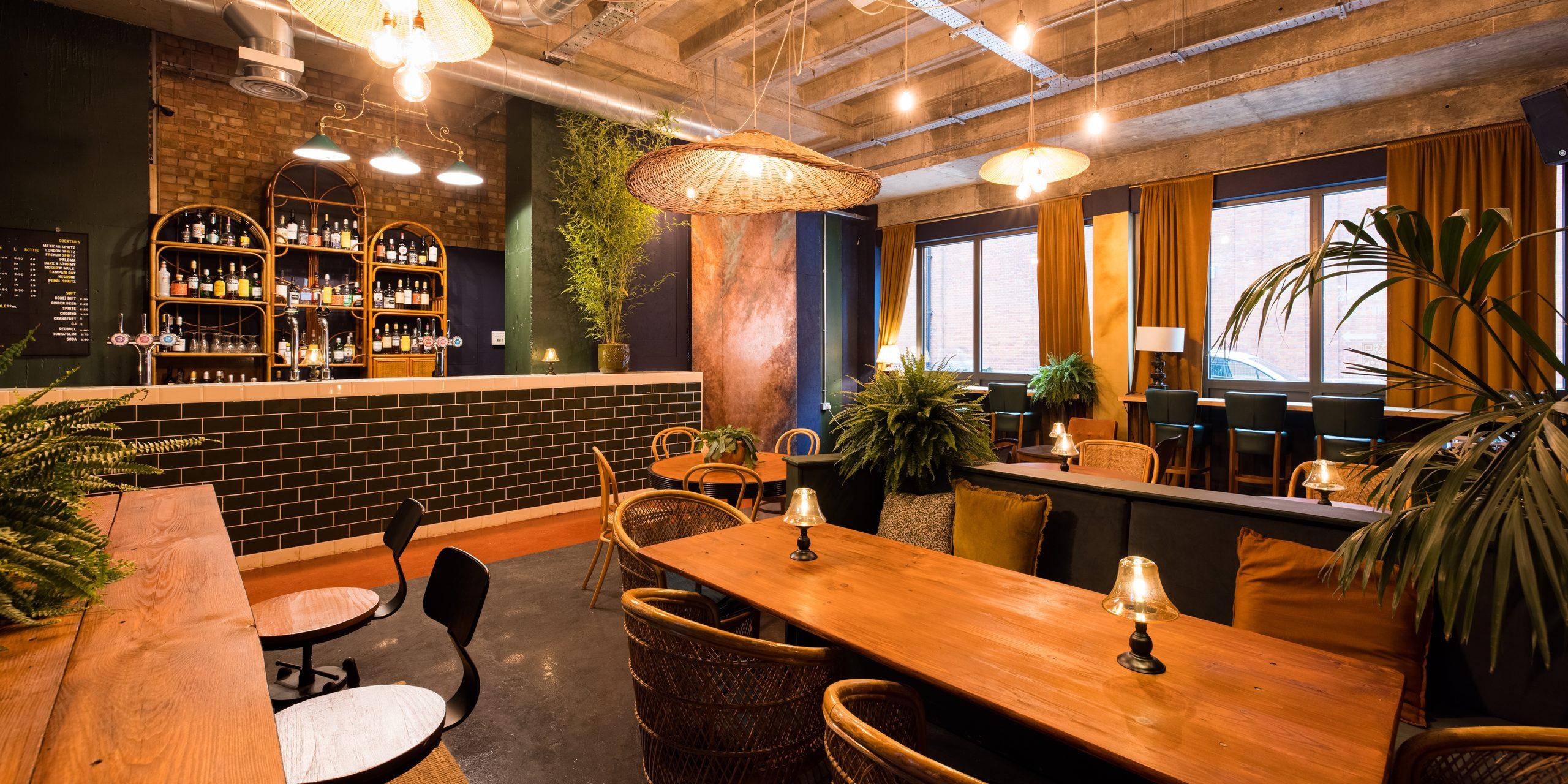 The café at 21Soho, with its long communal table, bar and window seating