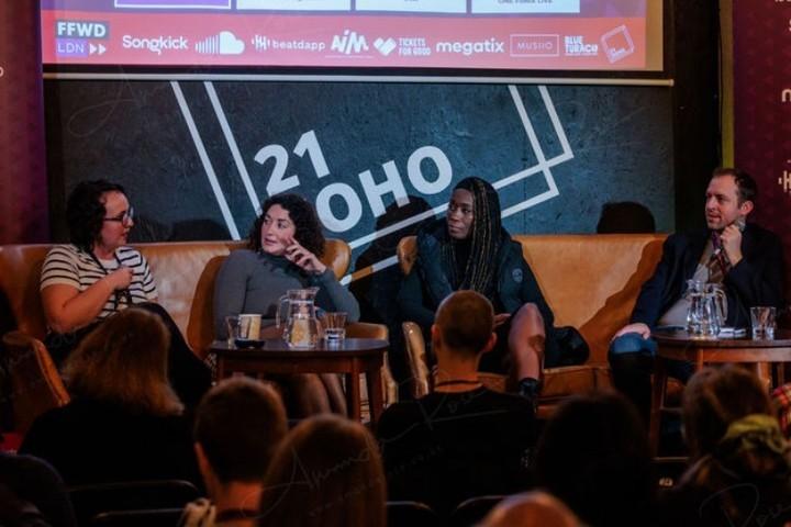 A panel at the FFWD conference in the Main Room at 21Soho