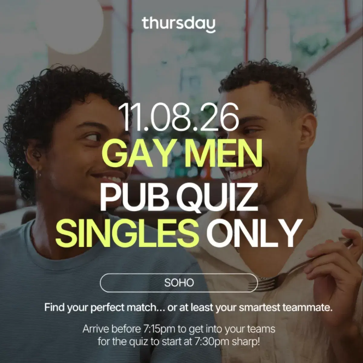 Tuesday | Gay men Singles Pub Quiz | Soho — event artwork