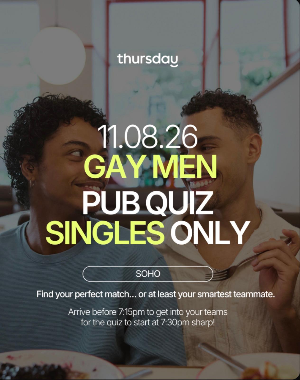 Tuesday | Gay men Singles Pub Quiz | Soho — event artwork