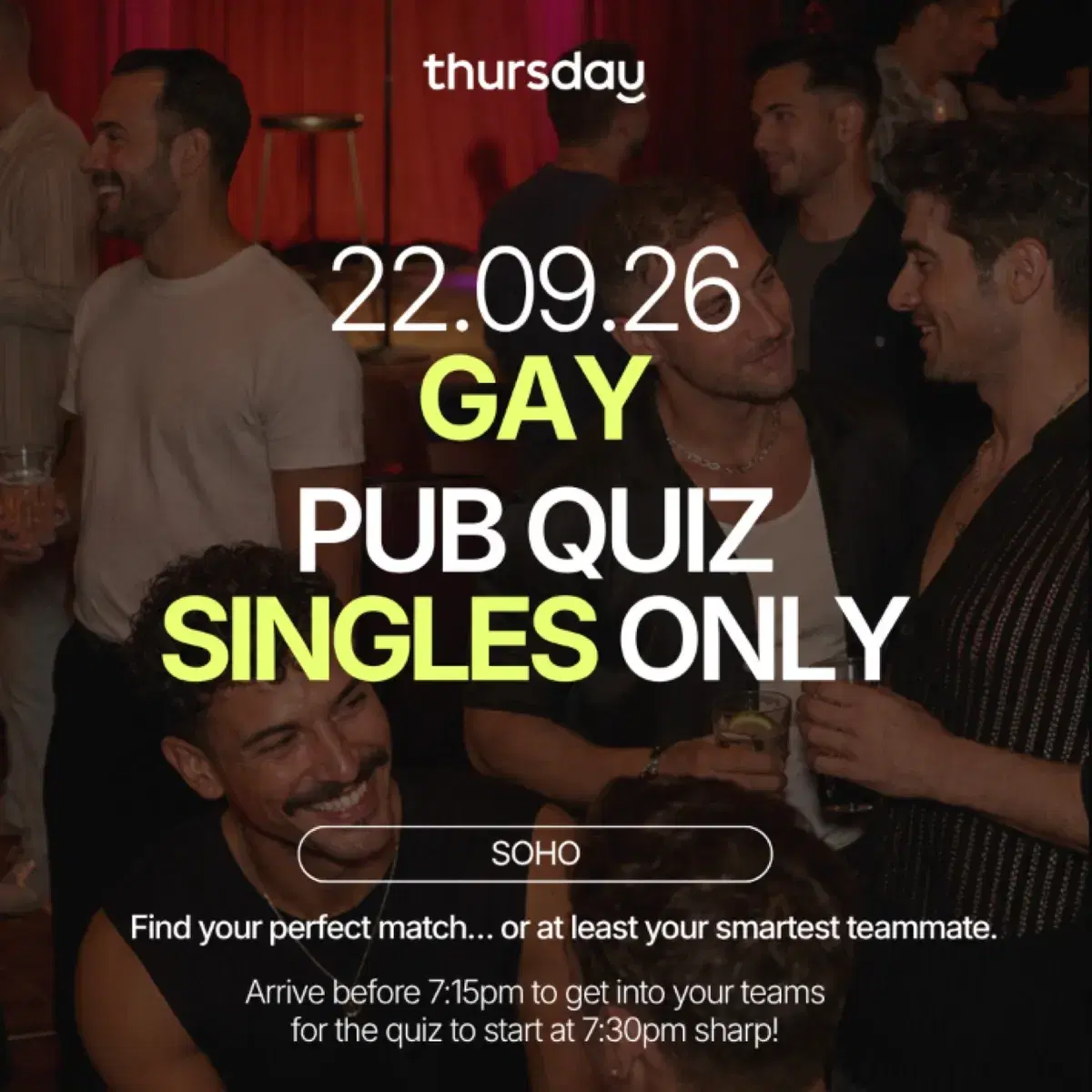 Tuesday | Gay men Singles Pub Quiz | Soho — event artwork