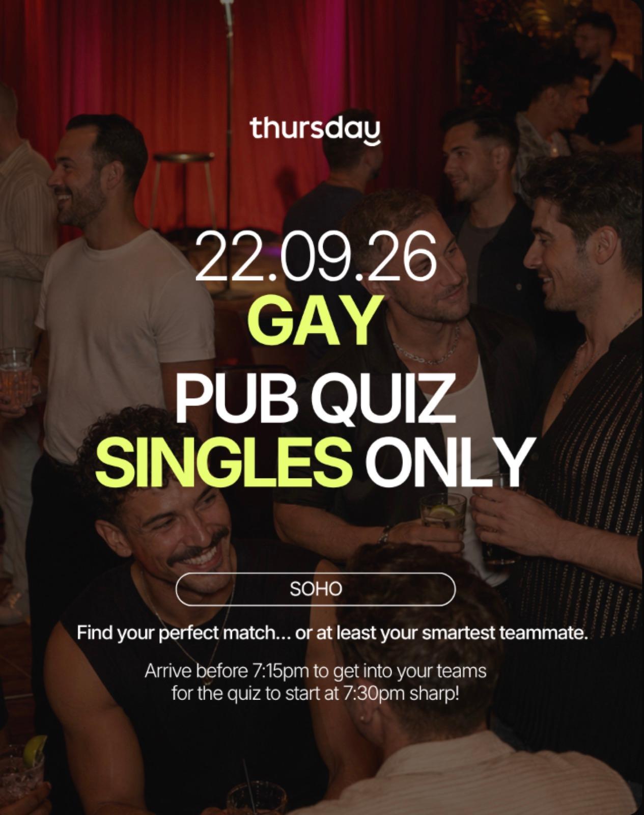 Tuesday | Gay men Singles Pub Quiz | Soho — event artwork